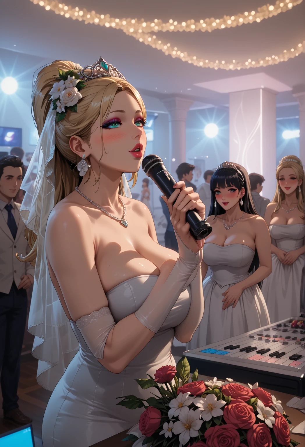 Beautiful nightclub cast member celebrating a birthday by pouring champagne into a tower of glasses