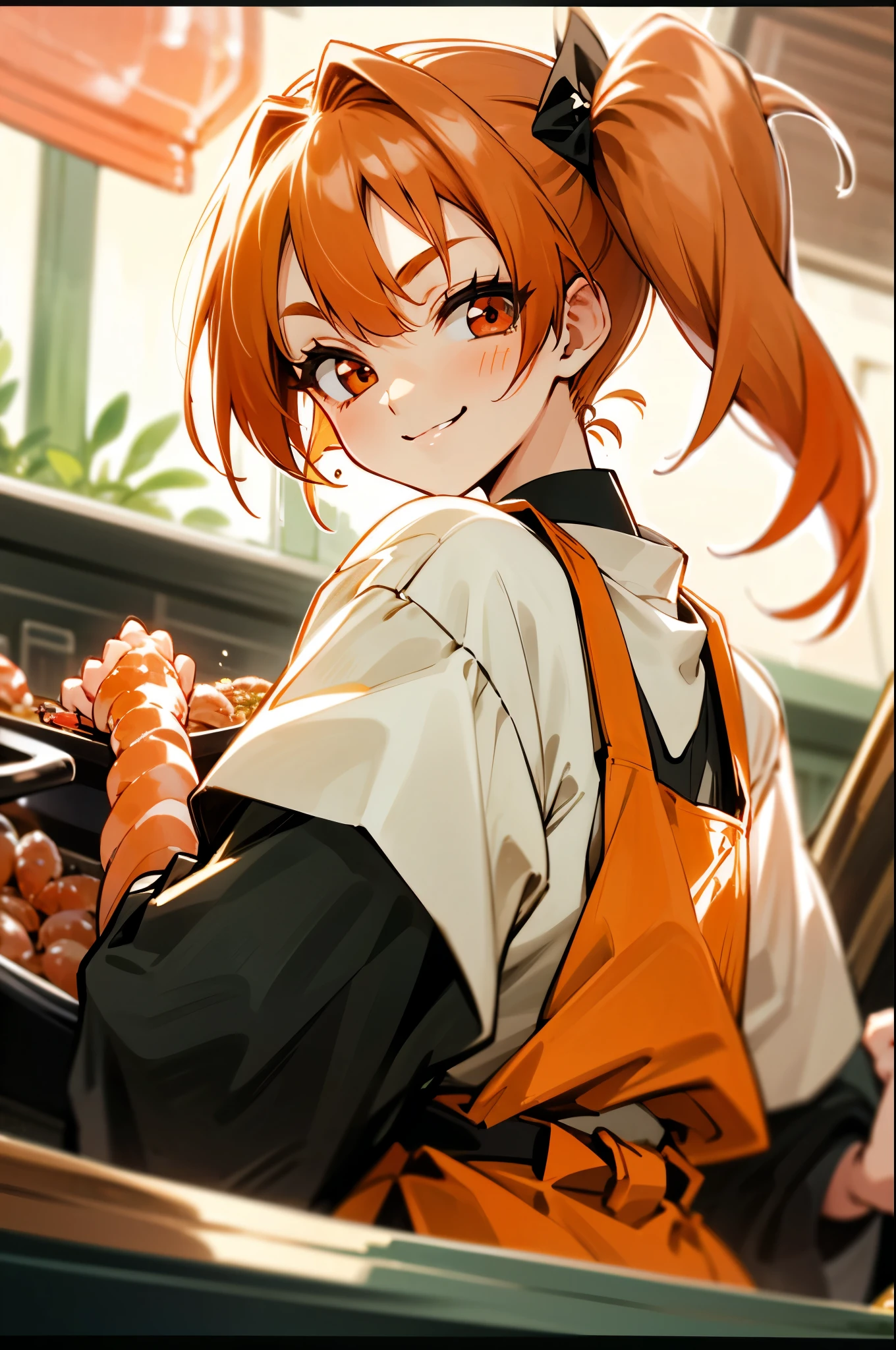 one woman、solo、Ebi Monster Pretty Girl、orange hair、side ponytail、Red round eyes、evil smile、orange apron、upper body、Lots of shrimp families around、cooking in the bright kitchen