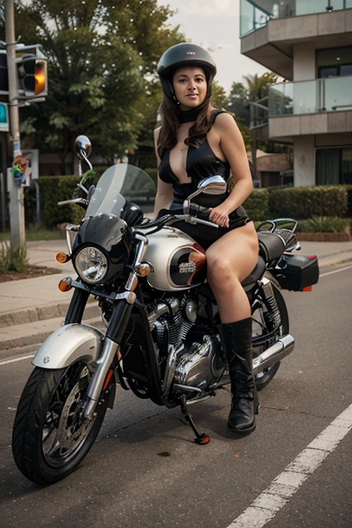 1girl in, 30 years old, Square face, Long hair, Looking at the viewer, jewelry, Realistic, Sexy, police outfit, standing next to a motorbike - holding a gun - sitting on a motorbike, free pose