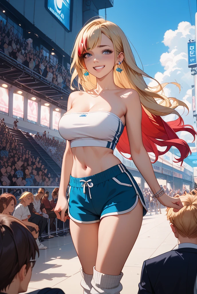 Rabbit girl High school cheerleader, solo, female, blonde hair, blue eyes, smiling, big breasts, midriff, pleated skirt, cleavage, slim, small waist, small hips, european city, brick road, hands behind back, happy, looking at viewer, high quality