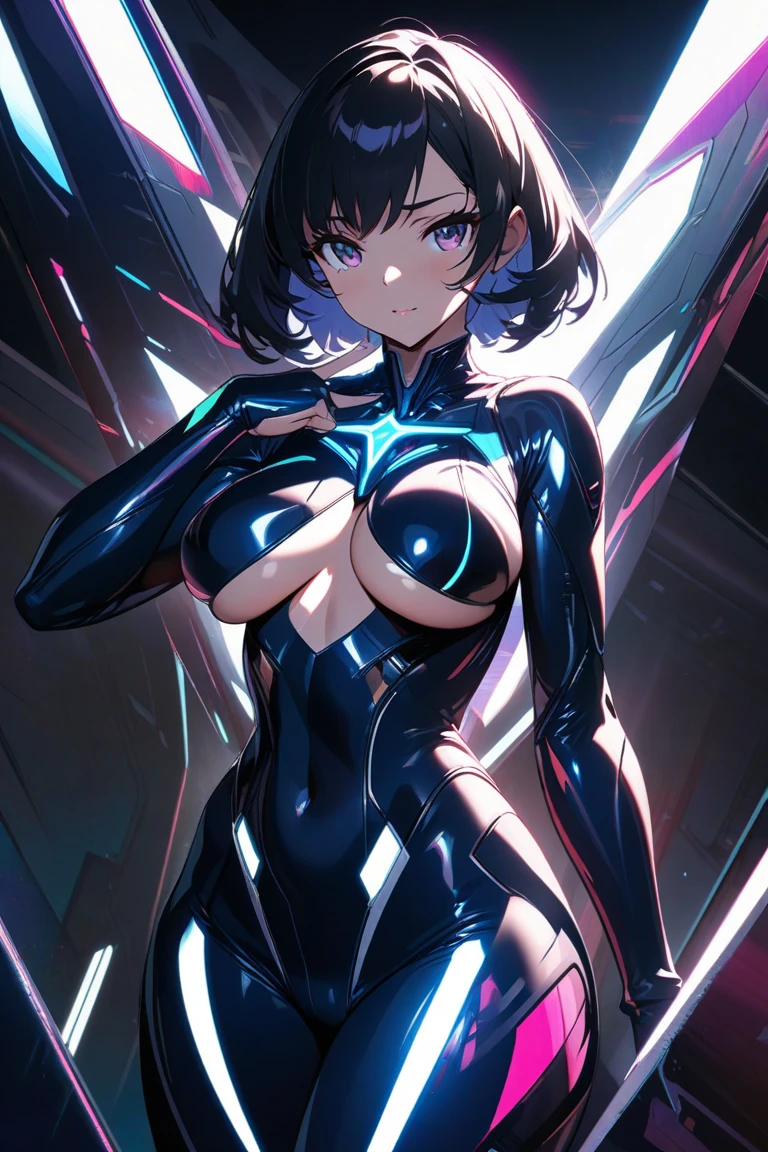 masterpiece, best quality, 1girl,black hair, (finely detailed beautiful eyes and detailed face),pink leotard,latex costume,military coat,cinematic lighting,bust shot,extremely detailed CG unity 8k wallpaper,solo,(enamel leotard:0.3),