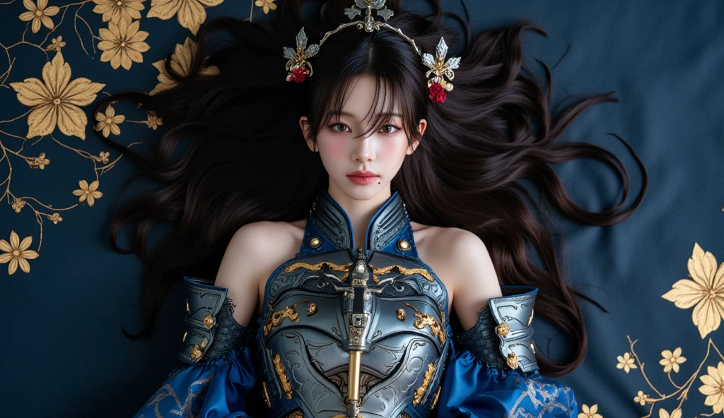 (masutepiece), Professional , ​masterpiece、top-quality、photos realistic , depth of fields （Gemstone Silver Metal Body:1.９),(Matte Blue、Jewel Gold Weapon（Jewel Metal Body:1.４),Gorgeous metal weapons , Detailed Sword of the Brave ,forested background、 Beautiful knife   ,warhammer 40k , adepta sororitas,Detail and ornate jewel crown、Black hair、Gangle's forest background、Beautiful Caucasian beauty、１a person、dynamic ungle,(((Detailed and ornate diamond crown)))、a small face、A smile、Take a sexy pose、Background inside the castle、Thin and beautiful female hands、