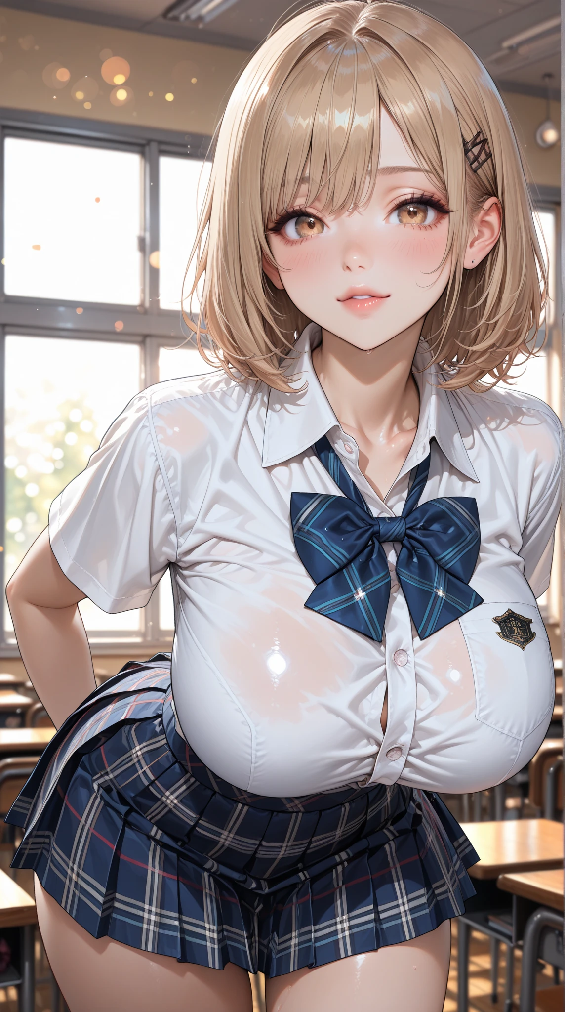 blonde, short hair, girl1, in the School classroom, (upper body), completely nude, (small nipples:1.2), (small areolas:1.2), kawaii, cute, purple eyes,(open white shirt)