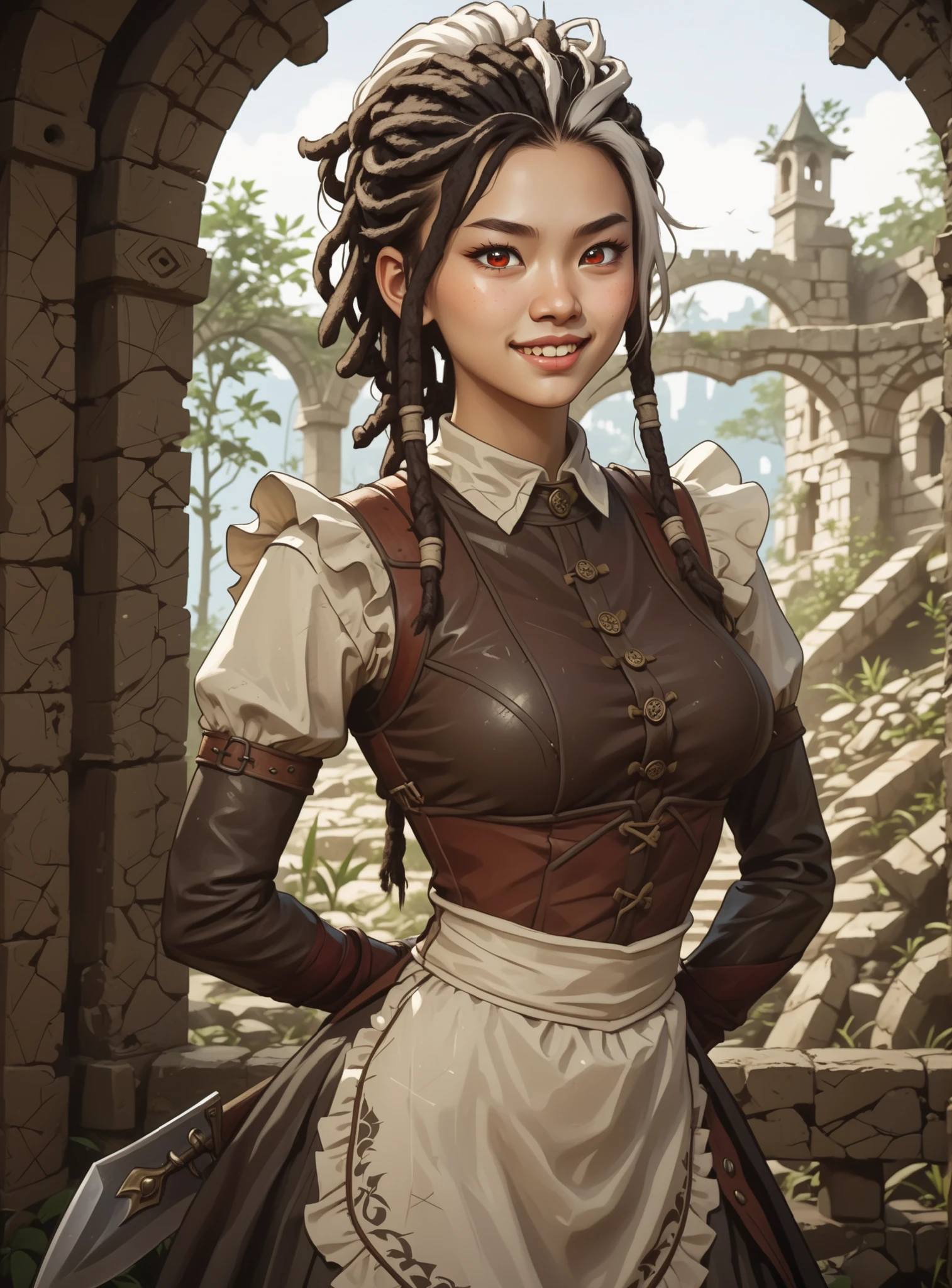 Slender body. White skin. Cute 18-year-old Asian girl with Asian red eyes and sharp teeth and dreadlocks with white highlights. She has a cute and beautiful face. She has a round and young face with a pointy chin. Her body is athletic with abs. She wears medieval an intricate medieval latex clothing with buttons. Background: medieval jungle ruins. Realistic lighting. DnD art-style. Looking at the viewer. She's got a massive butcher's blade on her back.