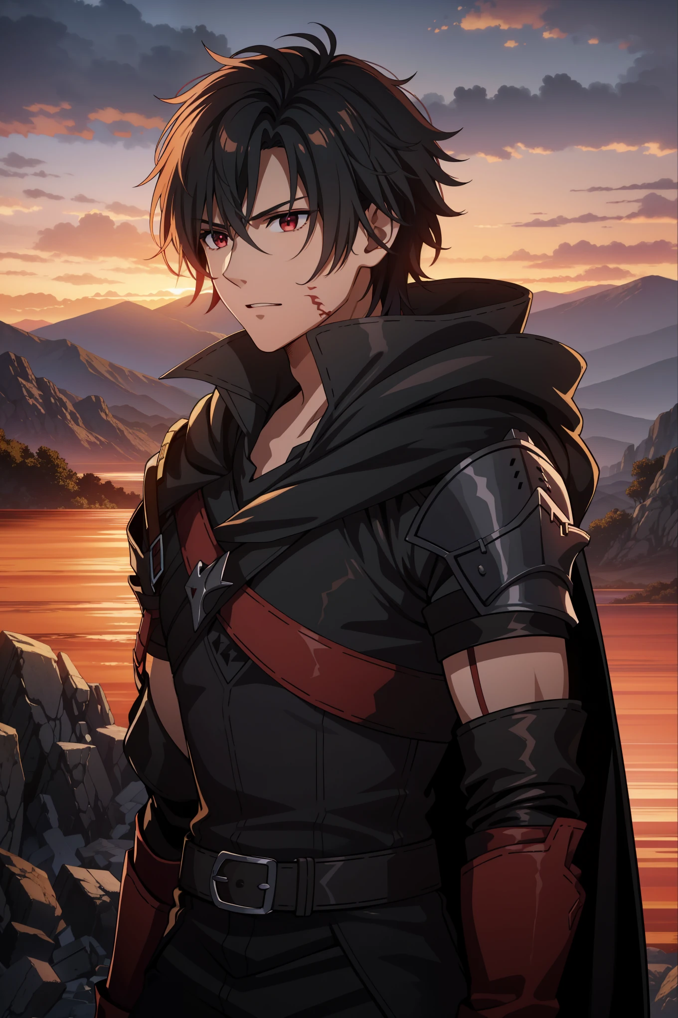 (high-quality, breathtaking),(expressive eyes, perfect face) 1boy, male, solo, young adult, Symmetrical Eyes, portrait, black hair, red eye color, short hair length, messy loose hair, neutral expression, soft smile, white shirt, black cloak red trim, fantasy attire, adventurer profession, sunset sky, red sky, armor, cape, embers, smoke, god of war, red terrain, fire, battlefield background