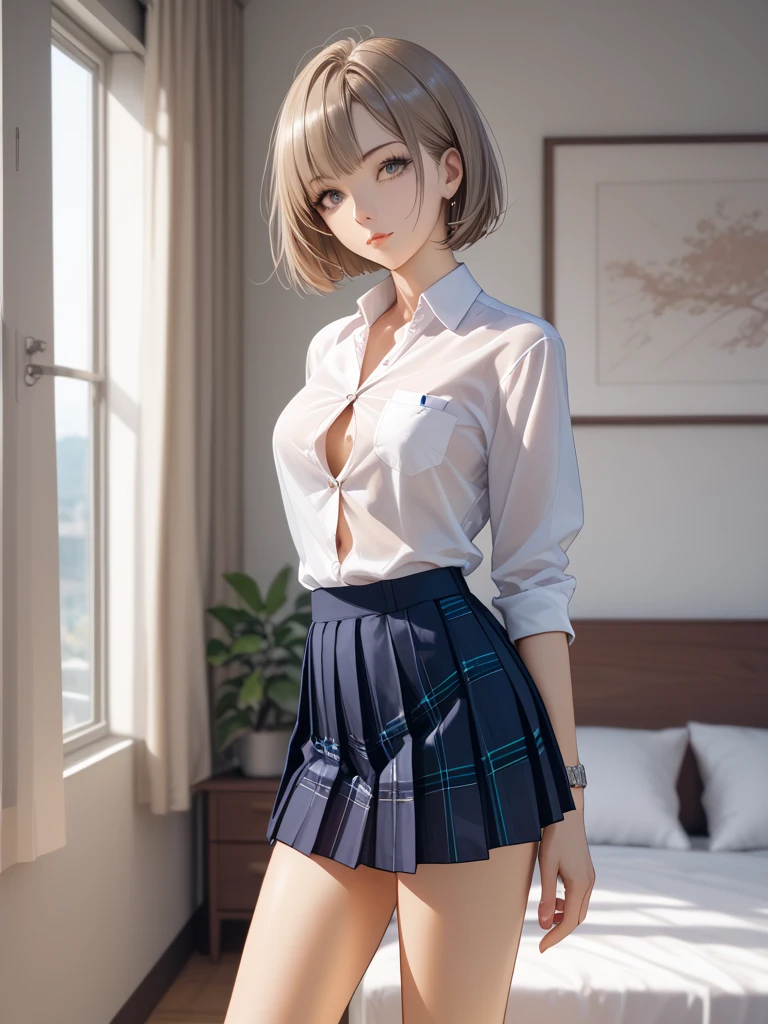 A perfect depiction of beautiful hands and fingers(Increase contrast)、(Increase saturation)、(25 year old super beautiful girl)、(Fair skin)Beautiful woman with perfect figure、Cute Face、、(Lifelike face)、Short Bob、Blonde、Hair over the ears、Realな目、Natural Makeup、Beautiful details、(Realistic Skin)、Beautiful Skin、Charm、Ultra-high definition、超Real、Real、Very detailed、、bangs)、(White lightweight tank top、Knee-high boots、Cute Japanese Idols、Tartan、I can see the )((Very short mini skirt)) Cafe、Sexy stang pose、Beautiful valley、Super big 、Narrow waist、Long legs、Spread your legs(((Medium full shot from below)))