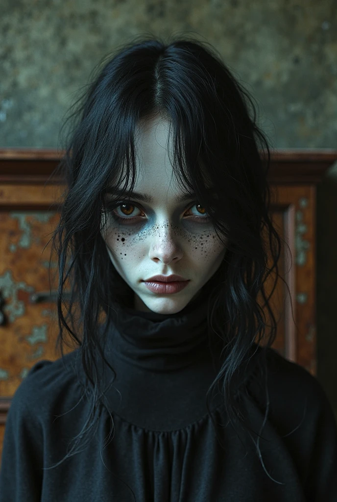 A sexy male with delicate facial features, black long hair, and teal blue eyes. His skin is so white and pale. He is wearing a long black trench coat and black shiny leather jeans. He is making a chocolate cake. 