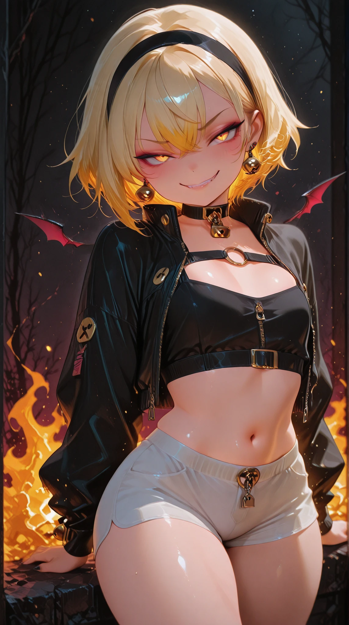 "Depict Tristana in her Little Demon skin from League of Legends by Riot Games,no having clothes, wearing a mischievous, demon-themed outfit with horns and her fiery cannon, have massive k-cups, in a hellish landscape with lava pits and demonic creatures."
