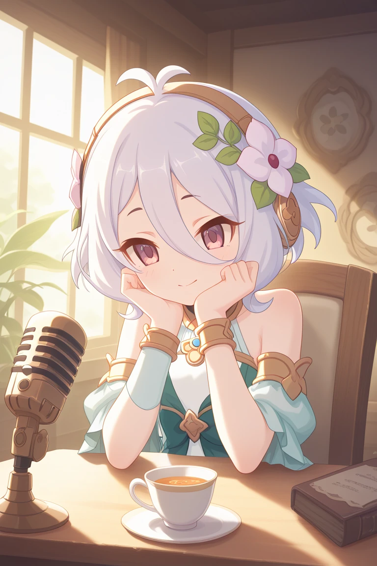masterpiece, best quality, amazing quality, 1girl, Kokkoro from Princess Connect Re:Dive, reimagined in modern style, quietly hosting a podcast. She wears a pastel-tone elegant dress, with a gentle smile and calm eyes, speaking into a microphone at a wooden desk. Headphones rest on her head, and there’s a teacup and potted plant beside her. The studio is softly lit, peaceful, and warm, with soft ambient lighting and natural tones. Anime style, serene atmosphere, soft colors, detailed shading.