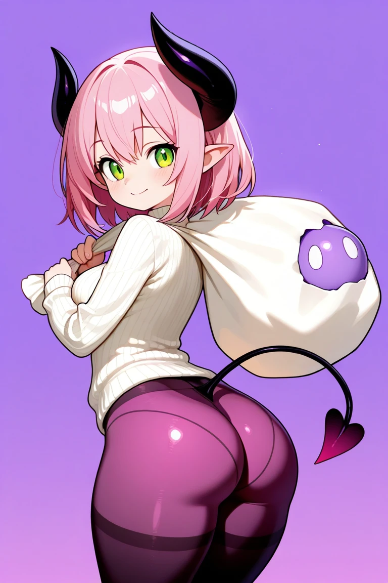 masterpiece, 1girl in, Solo, cute girl, Pink hair, Long hair, succubus clothes、((Succubus horns))、((Succubus Wings))、((Succubus tail))、Sheer clothing、(panty shot:1.2)、Take grin, evil smile、(skirt lift:1.2)、Petite、(Granblue Fantasy:1.2)、(nsfw:0.9)、best quality、(blue white panties), ((((horizontal striped panties)))), massive ass, Turn around and look back, ????, onara, ????, farting, big fart, ???? from the ass, Yellow smoke, Yellow smoke is rising, ((room full of yellow smoke))