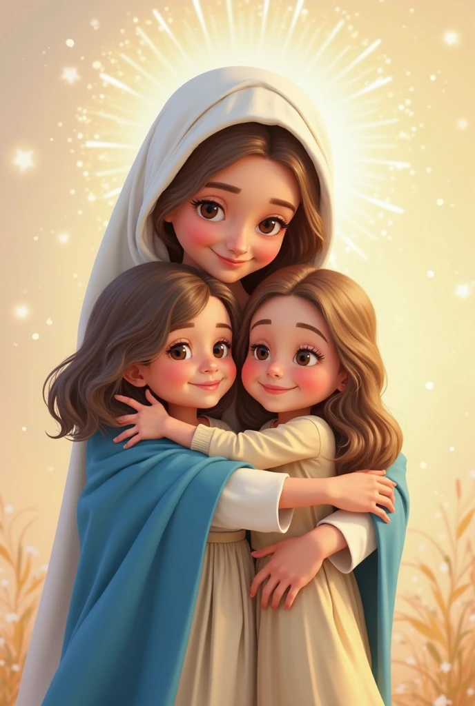  Virgin Mary surrounded by smiling children in a garden, animated style, pastel colors