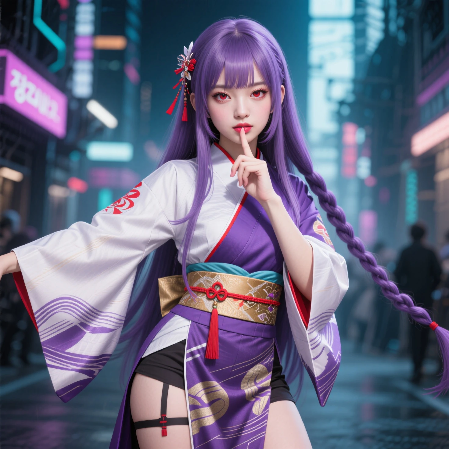 Masterpiece, Best quality, In winter, Snow, Cityscape, Realistic, Real, Huge_filesize, the wallpaper, Gradient_Background, Japanese, Girl, Long hair, Purple hair, Wavy hair, hair stick, heart-shaped hair ornament, fake smile, Medium breasts, shift dresses, No bra, Lace, nipple tweak_thigh high,