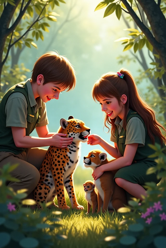two boy and girl feed animal in the zoo --auto