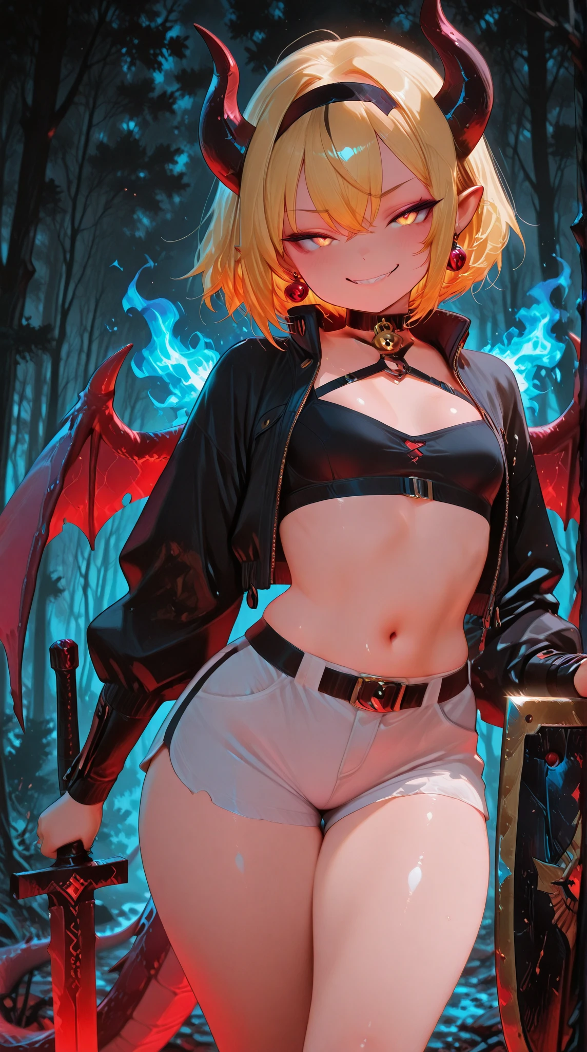 masterpiece, high quality,1girl,solo,middle breast , short hair, (hair between eyes),(00BFFE pixie cut), Bat wings, Disappointed face,(Embroidered sweater, Cropped flare jeans, Leather blazer)