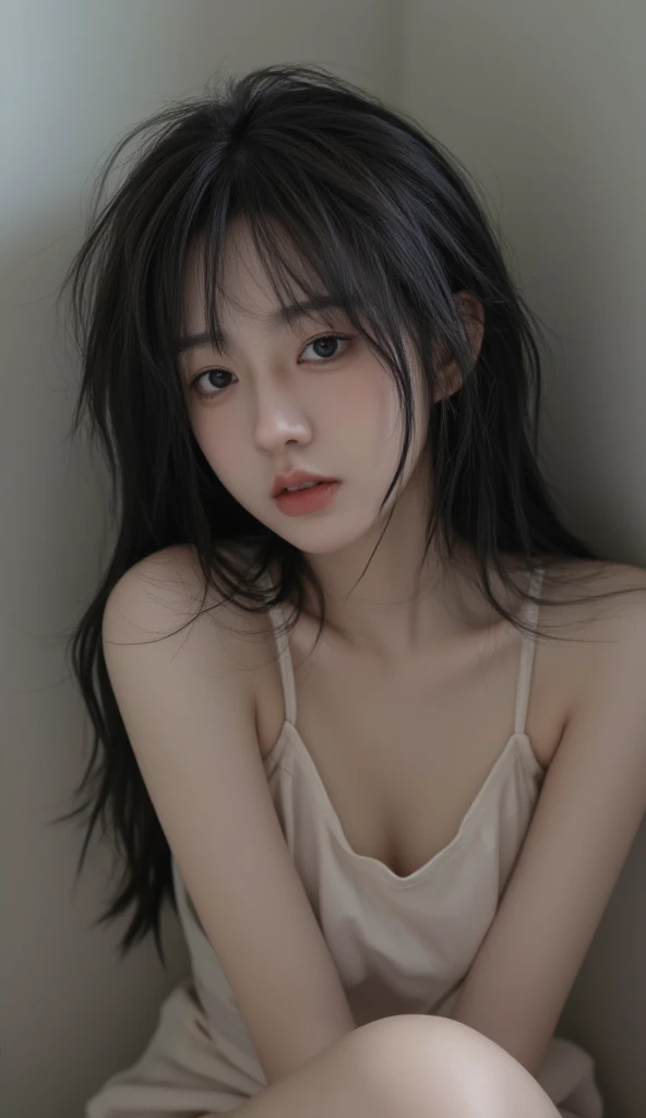 masterpiece, best qualitiy, RAW photos, realisticlying, A high resolution, hyper-detailing, Focus on the face, looking at viewer, Detailed eyebrows, realistic beautiful eyes, realistic glossy skin, straight Bangs, realistic movie lighting, detail shaded, high contrast, Slender, big boob, Big breasts, Exposed cleavage, open mouse, nsfw, Sexy face, Facial expressions when receiving pleasure, ((Dark background)),