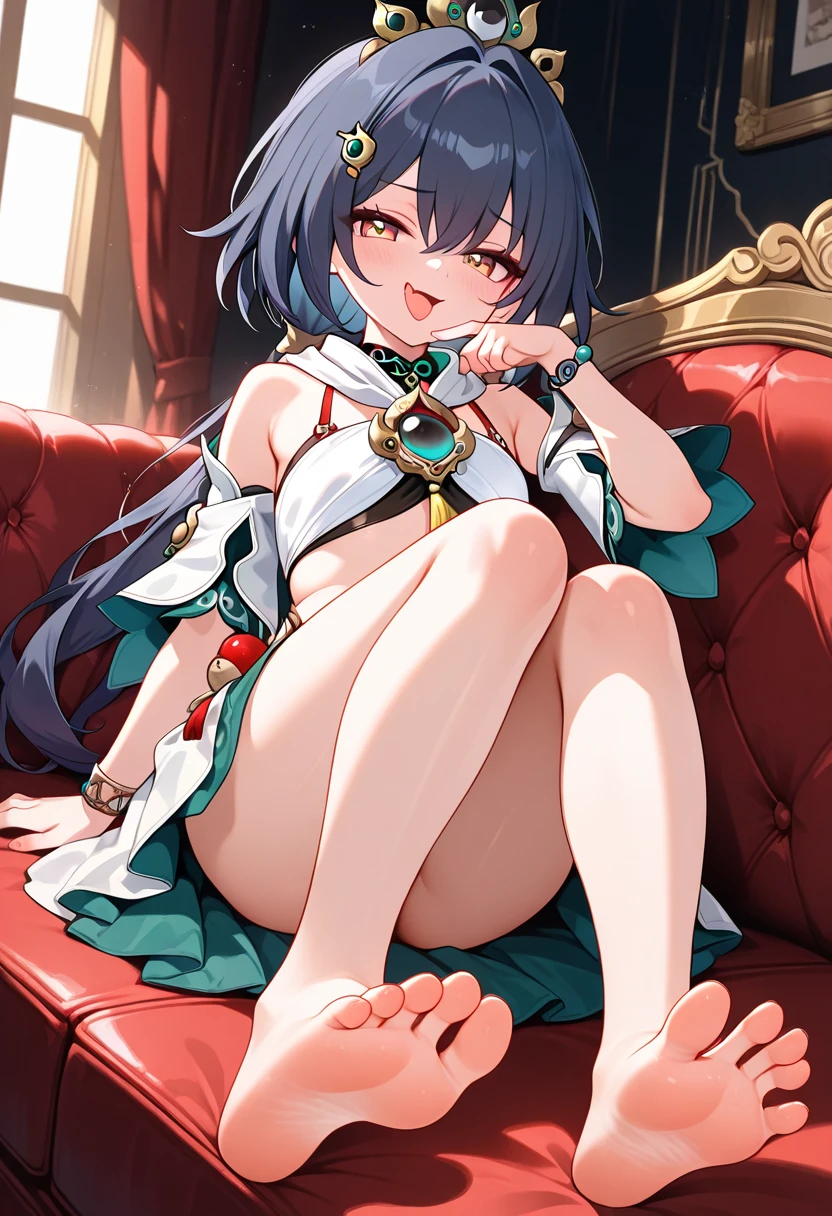 ((Highest quality)), ((masterpiece)), (detailed), (nsfw), the cartoon girl is sitting on the couch wearing a pink outfit and holding a bottle, 1girl, 独奏, thighhighs, twintails, pelvic curtain, white thighhighs, double bun, , long hair, blush, blue eyes, looking at viewer, chinese clothes, sitting, spread mouth, tongue out, naughty face, pussy