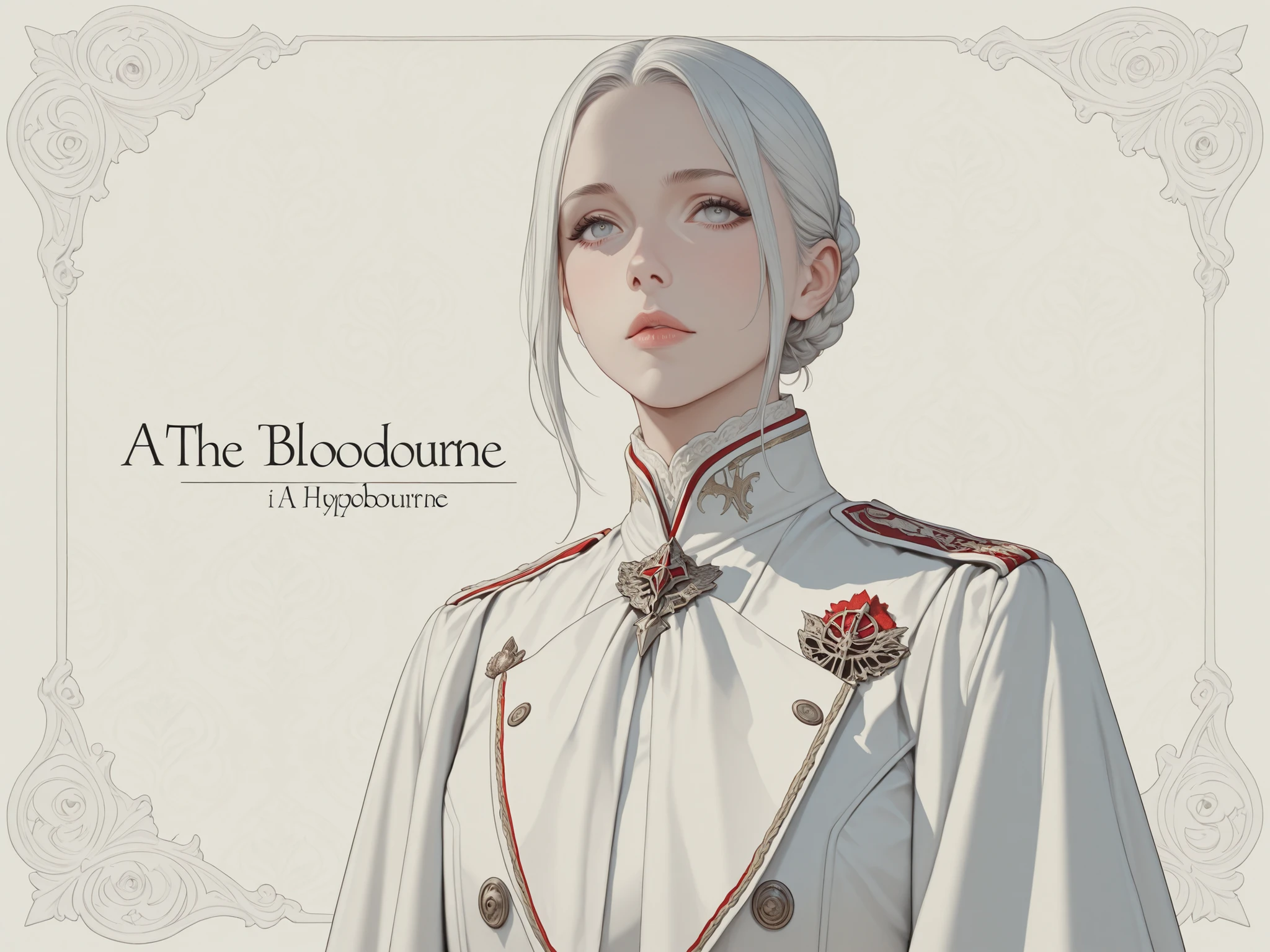 A beautiful white (((banner wallpaper))) in 4k definition, with a hyperrealist cute hot girl printed in the Bloodbourne aesthetic and style, text "beautiful commander"