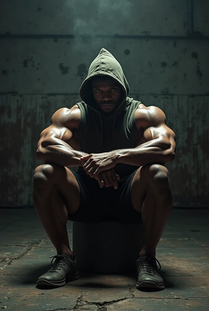 Allard man in hoodie,Hoodie holding a sword in a dark room, Ripped, muscular character, strong and imposing, musculous,Frightening, Super buff and cool, exaggerated muscle physique, powerful stance, absurdly muscular physique, spartan warrior, powerful warrior, Muscular!! Sci-fi, muscular features, Strong blood body, large biceps, film render, strong and muscular