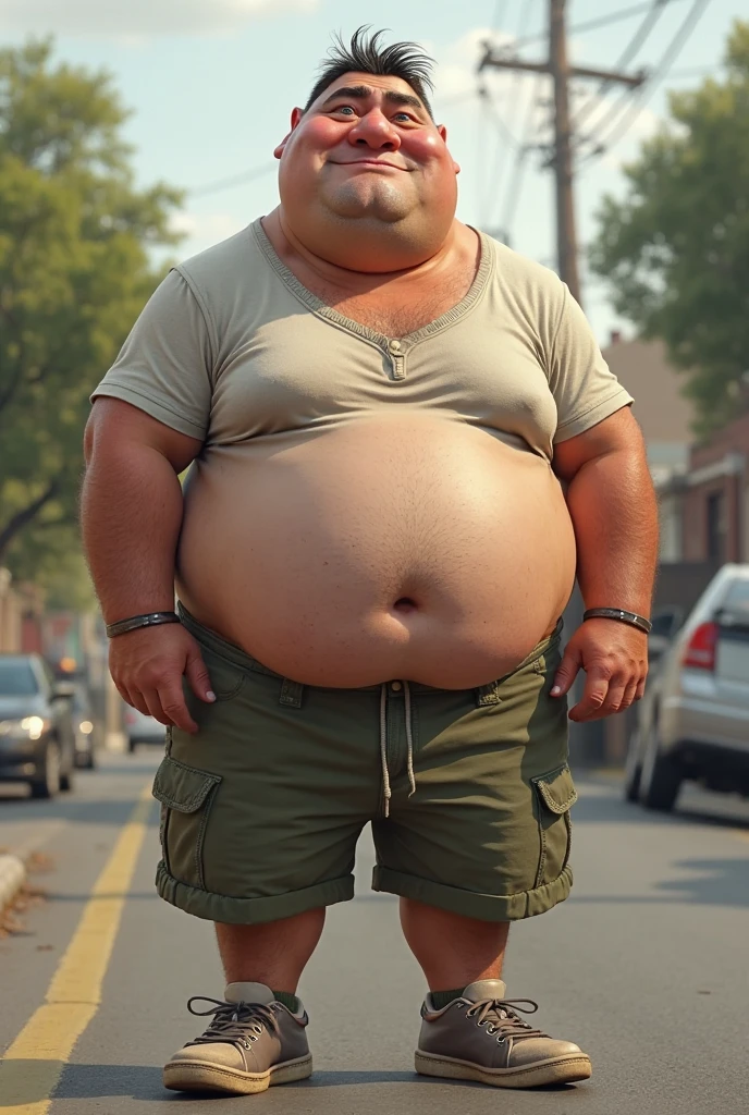 Roundish face with moles hollow, The body is large,brown eyes, hair is blond ,hips wide shoulders wide, not tall, 30 years. Stands at full height against the backdrop of the road