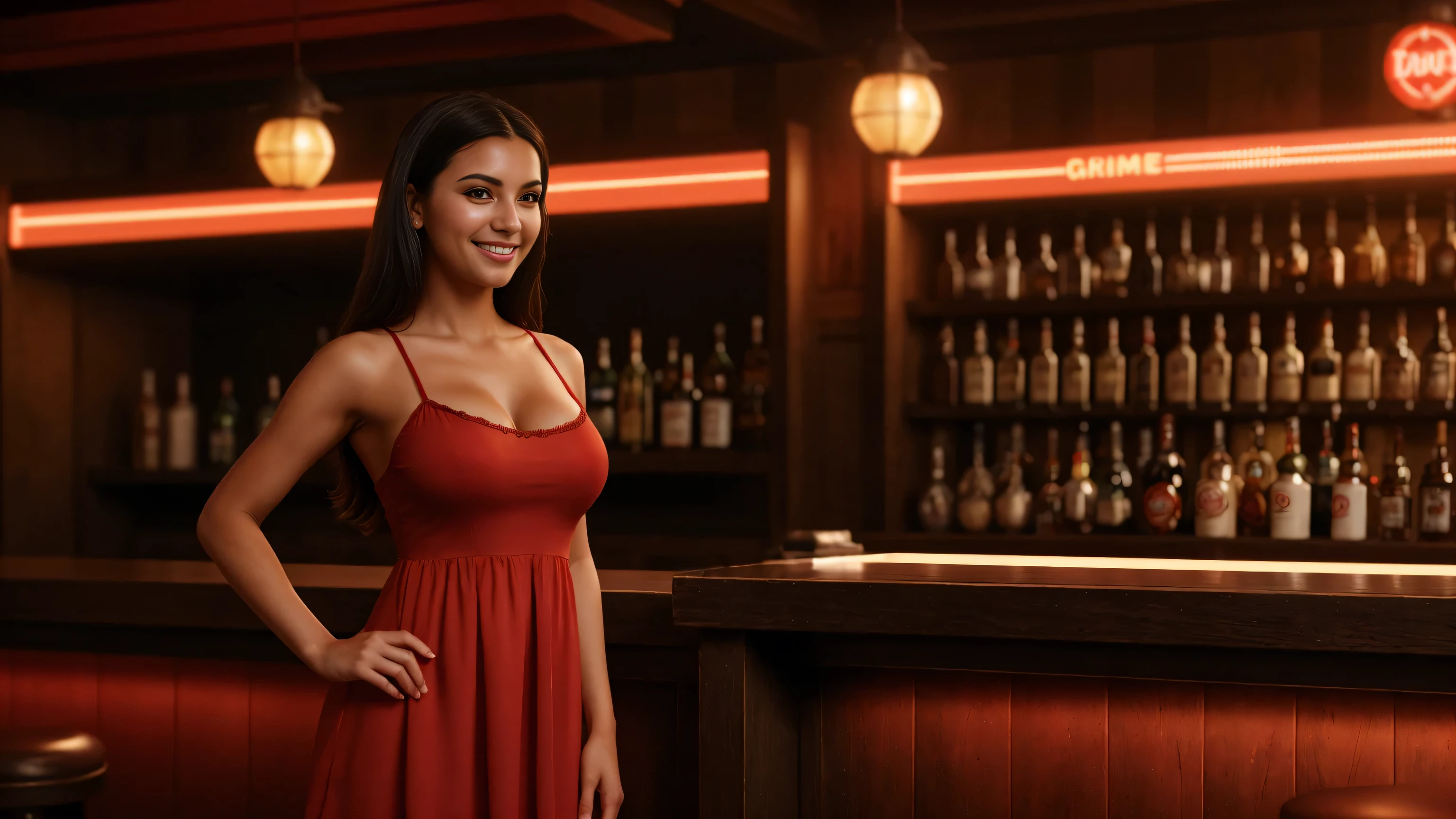 ((full-body, cinematic-shot)),(best quality,4k,8k,highres,masterpiece:1.2),ultra-detailed,(realistic,photorealistic,photo-realistic:1.37),(((1girl))),(((solo))),(((a girl alone))),(18-year-old),[(Emelina Delfina Hilda)],(sharp focus:1.5),pearl skin,(skin pores:1.1),extremely detailed face and skin texture,(skin texture:1.1),black hair,tall and slender body,(192cm tall),thin and delicate figure,graceful posture,flawless skin,defined abs,perfect curves,feminine appearance,beautiful long legs,embodying elegance and beauty,(cleavage breasts,large breasts:1.2),((wearing a (red:1.4) cardigan and (red:1.4) ultra-short miniskirt:1.4)),(beautiful and aesthetic:1.2),vibrant colors,extremely detailed and realistic (red) clothes,(film grain:1.3),[a cozy whiskey bar, dimly lit corners, shelves lined with aged bottles, polished wooden bar counter, vintage leather barstools, a bartender skillfully pouring whiskey, patrons sipping their drinks, jazz music softly playing in the background, a smoky ambiance, elegant glassware reflecting the warm lighting, the distinct scent of oak and spices, a vintage whiskey menu, the clinking of ice cubes in glasses, a relaxed and sophisticated atmosphere, conversations filled with laughter and camaraderie, a hidden gem in the city's nightlife, a place to unwind and enjoy the finer things in life, a haven for whiskey connoisseurs and enthusiasts, a touch of nostalgia blended with modern elegance, an inviting sanctuary away from the hustle and bustle of the outside world, a celebration of craftsmanship and tradition],angelic ethereal beauty,studio photography,professional photography.