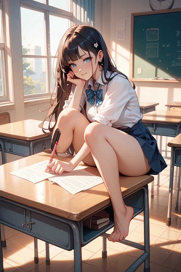 Best quality, masterpiece, detailed,2d,flat color, several students, At school, are sitting in front of me at the desk, legs raised up, I see that THEY don't have any panties on, no panties