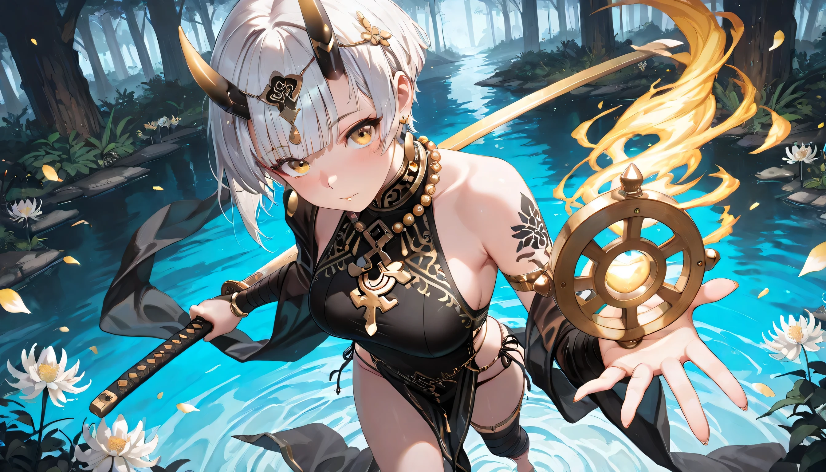 ((masterpiece, best quality, ultra detailed, high resolution, beautiful detailed face, beautiful detailed eyes, perfect hands, 4K)), (1 woman, solo), oni, one cute horn, (medium breasts), (girl with short pixie cut, straight bangs, soft layers, neat around ears and nape, silver platinum hair), ( wear a mustard yellow ceremonial robe decorated with colorful embroidery and a fur shawl over one shoulder. Her hair is styled in long braids adorned with yellow beads, and she wears a traditional headpiece with dangling ornaments over her forehead. She has large round earrings and a layered black beaded necklace. She holds a golden prayer wheel in her hand). She is wearing a delicate silver necklace with a small pendant. Her pose is playful and confident, as if caught mid-dance), black bandaged_arm, black bandaged_leg, barefoot, standing , Hold a katana in one hand and a sheath in the other, legs apart, looking at viewer:1.3,eye-level and over-the-shoulder shots, mid eyes level angle, A young woman is drawn in a 3/4 view, facing slightly to the right. Her left eye is fully visible, while the right one is partially hidden due to the angle of her head. Her nose bridges slightly out from the center, and the mouth follows the curve of the jawline, subtly indicating the perspective. a dark mysterious swamp filled with white spider lilies, ethereal mist floating above black water, glowing red petals, melancholic atmosphere, cinematic lighting, fantasy landscape, detailed environment, ornamental black lotus tattoo on mid chest,