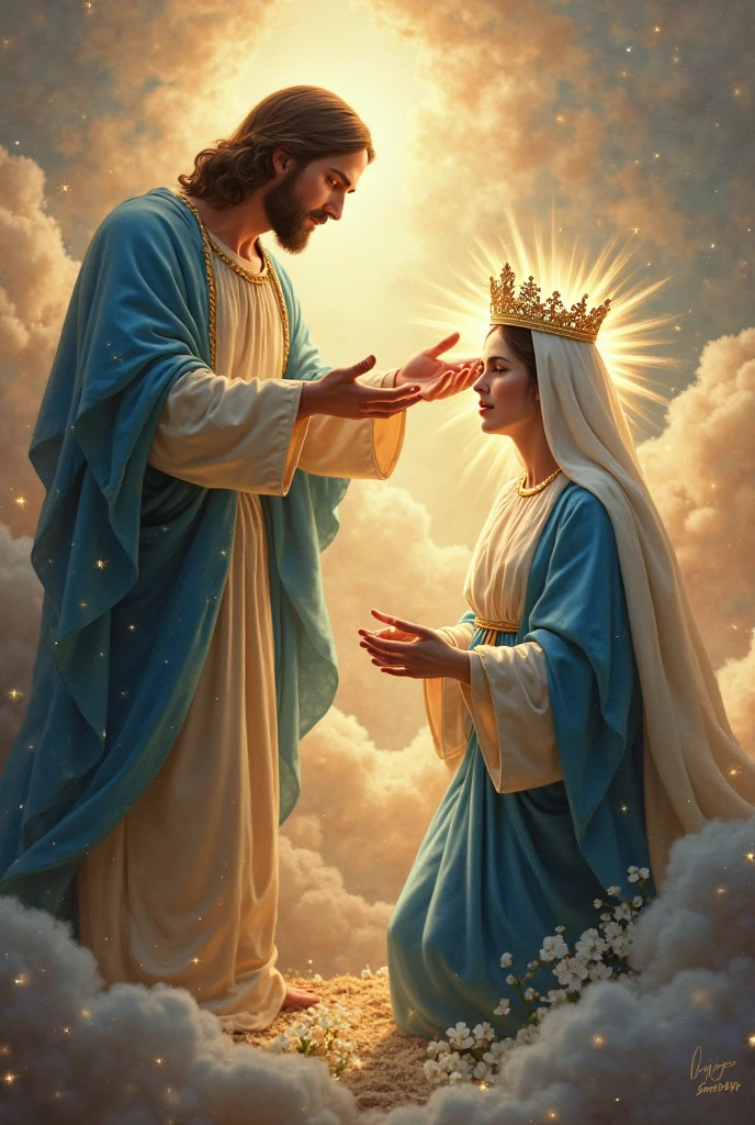 Perfect hand 5 finger, Portrait of a beautiful virgin mary and handsome Jesus Christ. wearing aqua clothes of king and queen with the king and queen crown shining the light from the head and heart all over in the clouds, virgin mary and Jesus Christ, real blue eyes, sunny day, intricate details.real virgin mary and Jesus Christ, straight head face, Straight body.Prayer virgin mary and Jesus Christ, perfect full body,  perfect hands finger,Prayer virgin mary and Jesus Christ, praying virgin mary and Jesus Christ backgrounds natural photographic