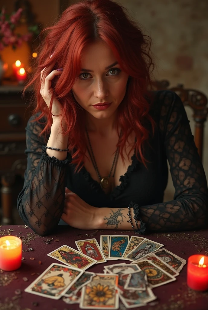 can you create me a realistic image of a red haired girl with a long butterfly cut brown eyes wearing blue jeans and black corset with piercings. Doing a witchcraft chord break with a candle over a Polaroid  picture of a girl with a microphone singing with black and purple hair styled in space buns  With purple eyes  and piercings 