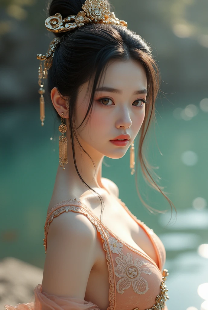 ((Best Quality, 8k, Masterpiece: 1.3)), Focus: 1.2, Perfect Body Beauty: 1.4, Buttocks: 1.2, ((Layered Haircut)), (Wet Clothes: 1.1), (Rain, Street:1.3), (Breasts: 1.2), (Hanfu: 1.2), Bare Shoulders, Bare Legs, Highly Detailed Face and Skin Texture, Fine Eyes, Double Eyelids, Whitened Skin, Long Hair, (Shut Up: 1.5), (Bokeh Background: 1.5), Big Breasts