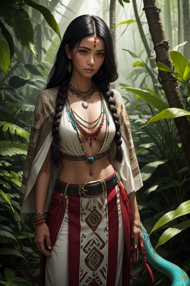 (Realistic:1.5), photorealistic, RAW photo, analog photo style, depth of field, ultra detailed photo of american indian woman, cute face, perfect body, dressed in minimal and sexy clothing with native and futuristic elements, 20 years old, she tilted her head but looking to camera, in idillic foggy hollow, dinamic pose, in style of Luis Rojo, naturally cinematic colors