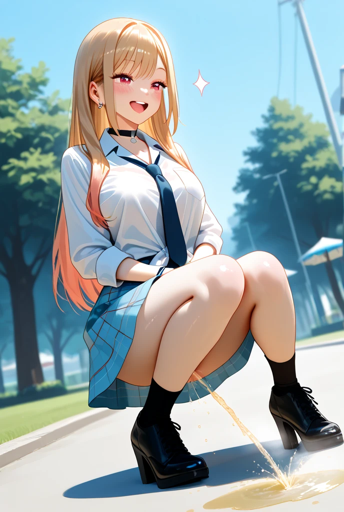 (nsfw),masterpiece,ultra detailed,sharp focus,4k digital art,high resolution,seductive anime girl,front shot,(v sign with both hands:1.5),( blushed and aroused:1.7),tareme,(adult beautiful face,curvy adult body:1.3),(upskirt:1.4),(school cardigan:1.3),dress shirt,black socks,(navy and pleated skirt),bow tie,(blonde hair,side ponytail),(tanned skin:1.3),outdoor,public park,(sweaty:1.2),laughing,(trembling,flying heart-shapes),(squatting and spreading legs),(sexy and laced red undies:1.3),heart-shaped pupils,loafers,crowd in background,gigantic breasts,drooling,heart pupils