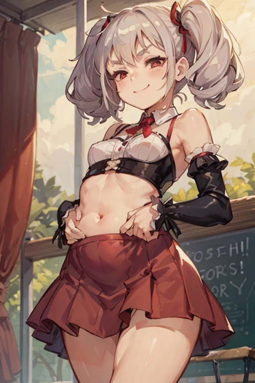 Young girl with grey hair, ((fringed and curly hair)),((curly short twintail)), curly hair ,(red eyes),, ((small bushy eyebrows)), wearing gothic lolita clothing, lolicon , walking to school, bored look, bored face, , lifting her skirt to show her vagina wet with semen, having sex