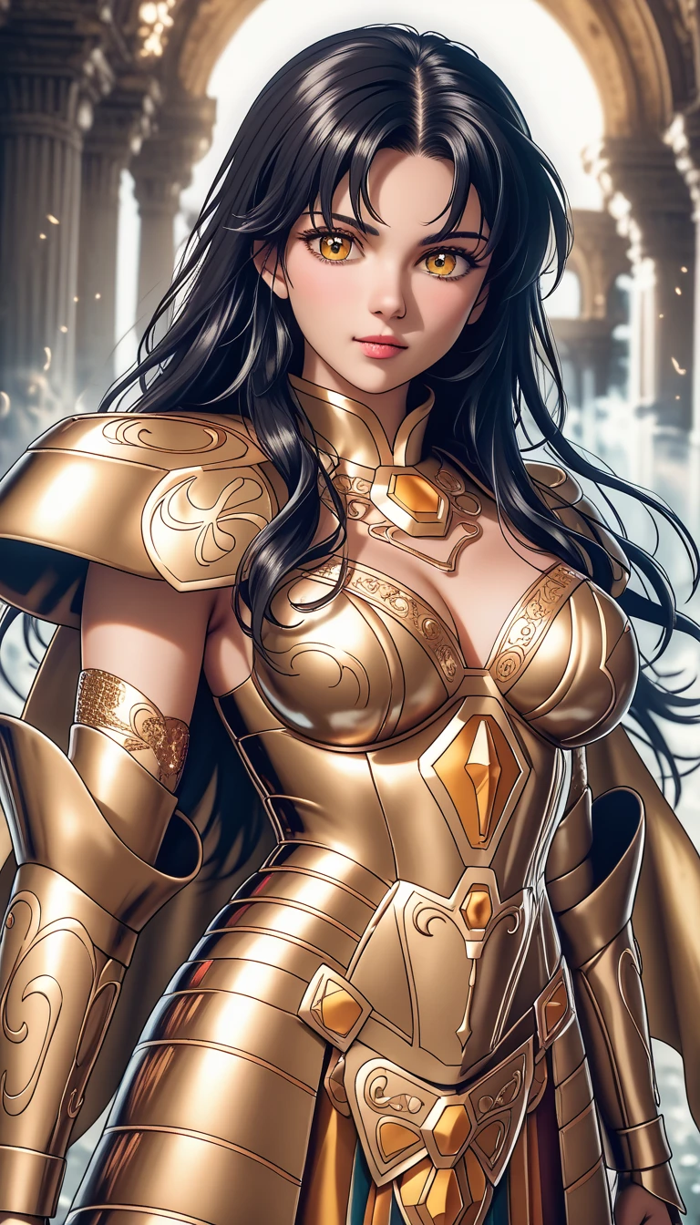 watercolor painting, (moonlit), 1 girl, full body portrait of a stunningly beautiful ( young woman : 1.5 ), wearing ((shiny gold soldier armor)), stern look, wearing a white cloth cloak, holding a sword, petite body, (detailed face), ((deep cleavage)) , (view from_sides ) , wavy hair, ornate, getting down stairs of a beautiful mountaintop imperial fortress background, by artist christophe young and by artist ilya kuvshinov