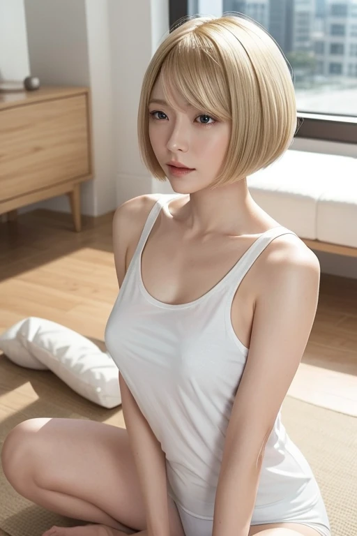 dreamy ambiance, Vintage,Color scheme of old Polaroid cheki photos ,lowkey,Extremely low contrast、((top-quality、8K、masterpiece:1.3))、FEMALES(Full body portrait、frontage、barechested、teats、bending forward、cleavage of the breast、Inside_sauna:1.6)、Sauna room、Overhead camera、sharp focus:1.2、prety woman:1.4、((a blond、bob cuts、thick bangs))、Highly detailed face and skin and hair texture、a wet body、Wet face、wetting hair、A detailed eye、double eyelid、white-skinned、beautiful delicate nose、Cute young Japan woman、18year old、With dynamic angles、While exuding melancholy emotions characterized by calming tones and contrasting mixes of light and shadow、Subject's hair、The eye、Bocchi、While emphasizing the action、pleasing to the eye、It is a thought-provoking composition。