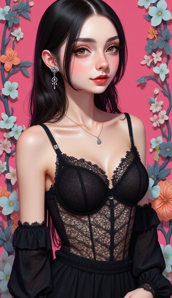 (Fechin Oil Painting - Fechin Oil Painting , oil painted) ((best quality)), ((masterpiece)), (detailed), elf ears ,big tits, big breasts elf ears (horns on head) ,black hair (RED EYES)(best quality,ultra-detailed),vibrant colors,sharp focus,realistic,photorealistic:1.37,forest background,warm sunlight,portrait,anime-esque style,green foliage,elegant,playful,curvaceous,flirtatious,striking features,alluring expression,seductively posed,lush scenery,wild and untamed vibe,mesmerizing gaze,long flowing black hair,swaying gracefully,glowing red eyes,piercing yet captivating,horns,small waist,(black lingerie),tantalizingly revealing,confident and radiant energy