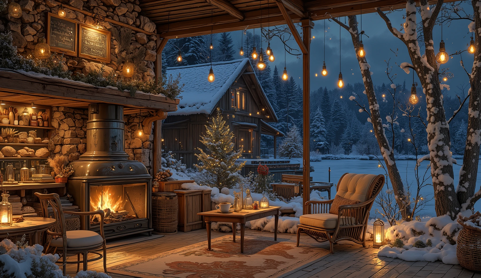 Cozy cabin with fireplace, không có cây Giáng sinhThe scene depicts a Cozy cabin with fireplace, without a rustic cafe Christmas tree, overlooking a beautiful Tranh sơn dầu và acrylic trên vải, một căn bếp của nhà bà ngoại vào ban đêm. Cảnh được dựng theo phong cách Ghibli, Tác phẩm sử dụng các màu sắc nhẹ nhàng và kết cấu sơn bằng tay để tạo ra một không khí thanh bình. Nó nắm bắt được tính thẩm mỹ của anime, kết hợp "nghệ thuật lo-fi" và những cảm hứng mùa hè với độ chi tiết cao và độ phân giải siêu cao để tạo ra một hình nền kiểu hoạt hình đẹp mắt. .
  The interior has a wooden counter ,   on which a shiny metal coffee pot shines  ,  symbolism of the art coffee floor and welcome . Under the counter  ,  a glass display cabinet showcases fresh bread and pastries ,  man who fits the suit perfectly  .
   Beautiful rustic details, stone fireplace that fits snugly against the small brick wall and raw wood add a little extra special to the space.
  Comfortable design wooden chairs arranged along the counter  ,  ideal for a relaxing holiday .  Back  ,  a wooden shelf filled with bread and rustic bread brings order and touches ,  while a blackboard with the inscription " cafe" displays the prices of products attractively .
on the outside ,  được bao phủ bởi một lớp snow   ,  creates a contrast with the warmth of the interior .
 A wooden armchair with soft cushions arranged around a rustic coffee table ,  with a harmonious layout :  a bottle reused as a tree vase ,  a cup of steamed coffee and a scented candle radiating accessories . Next to the characteristic gray color ,  a small sedge basket containing books and decorations ,  enriches the atmosphere .
  The surrounding landscape is to enjoy the dark winter night sky ,  Earthy yellow light reflecting on the surface of the small lake .   perfect for contemplation and meditation  .Instagram viral cave living room with fireplace, coffees, Foods  , cozy balcony. snow  .   without person  
