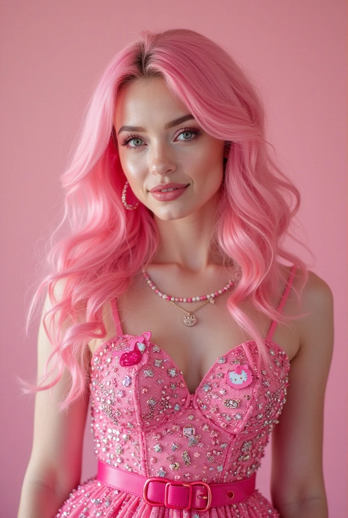 Best Quality, photorealestic, Ultra-detailed, finely detail, hight resolution, 8k wall paper, Professional, (Attractive 20 year old woman ), Elegant and stylish pink hair, party dress , smiles naturally, beautiful girl with a bright make-up and with plump purple lips rose peeks), natural lighting, On White Background