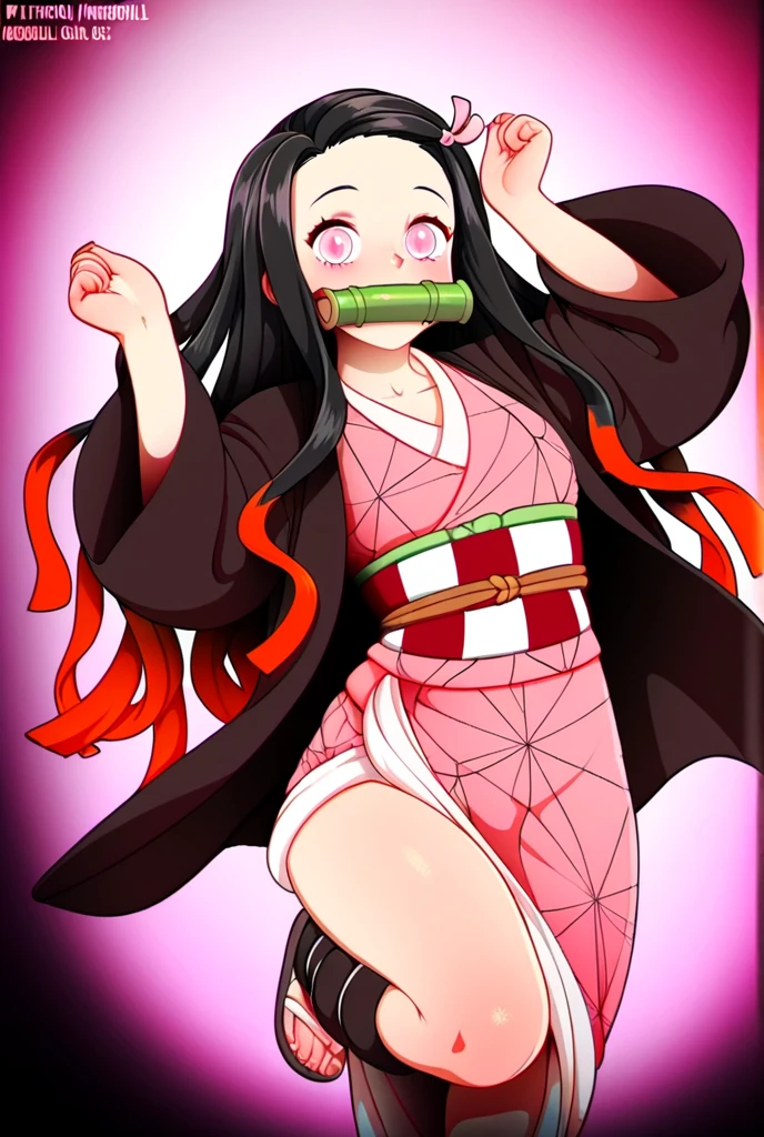 (masterpiece, Highest quality:1.2), One girl, alone,Are standing_Split, masterpiece, (Pink kimono), Angry face, Good lighting, Low Cut, Fine details, masterpiece, Glowing Eyes, One girl, Black Hair, gag, bamboo, Nezuko Kamado, Wisteria Background, masterpiece, Highest quality, throw, whole body, Wide Hips, panties
