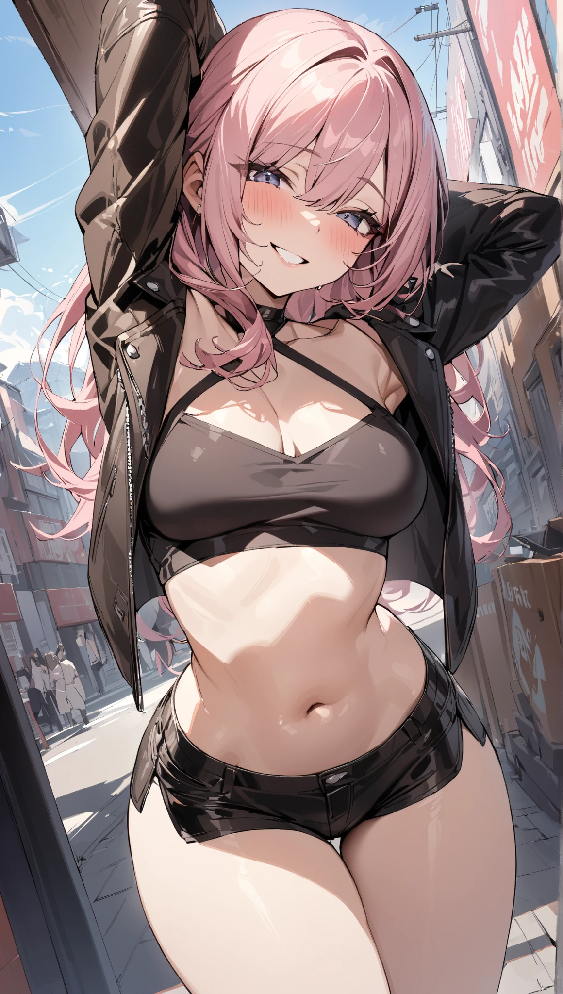 BREAK looking at viewer,BREAK (masterpiece:1.2), best quality, high resolution, unity 8k wallpaper, (illustration:0.8), (beautiful detailed eyes:1.6), extremely detailed face, perfect lighting, extremely detailed CG, (perfect hands, perfect anatomy),city,street,night,lights,wet road, power \(chainsaw man\),medium breasts,skinny fit, white crop top, lace bra,crop top, high waist skirt,from above,bend over,nipples see through,