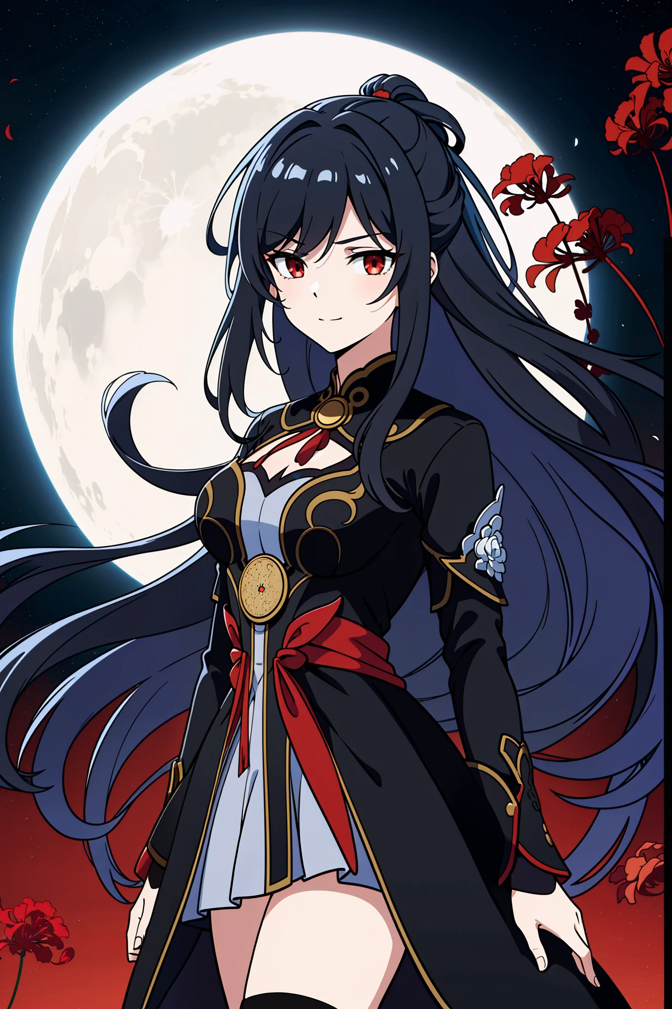(high-quality, breathtaking),(expressive eyes, perfect face) portrait, 1girl, Symmetrical Eyes, adult age, black hair, red eyes, black and red trim dress, long cloak, knee high socks, boots, medium full shot, cowboy shot, red spider lily, long hair, stylized hairstyle, black background, starry sky, blue lighting, moon background, green field, field of red flowers, nebula sky, jing liu, ren\(character\), positive expression, charming smile, beautiful figure, red petals, C Cup breasts
