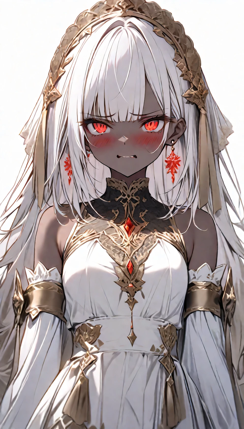 {best quality}, {{masterpiece}}, {high resolution}, Very meticulous girl, alone, sharp focus, {{{{{{{{White background}}}}}}}}, {{{Features{{{1 girl}}}}}}, alone, permanent, faint smile, closure Mouth, Beautiful and delicate eyes, {{{{{sharp focus}}}}}, {{{{{masterpiece Features design reference sheet}}}}},ahog, amco, blunt bangs, blush, bride_handguard, Capulet, closure_Mouth, Detached sleeves, earrings, black Capulet, {{{white hair}}}, hair accessories, high resolution, jewelry, looking at the audience, very long hair, simple background, alone, {{{{{whole body}}}}}, red eyes, White background, crystal eyes, {{{gold trim}}}, {{{very dark skin}}}, small breasts, short skirt, Final Fantasy 14, legs focus, (((disgusted face)))