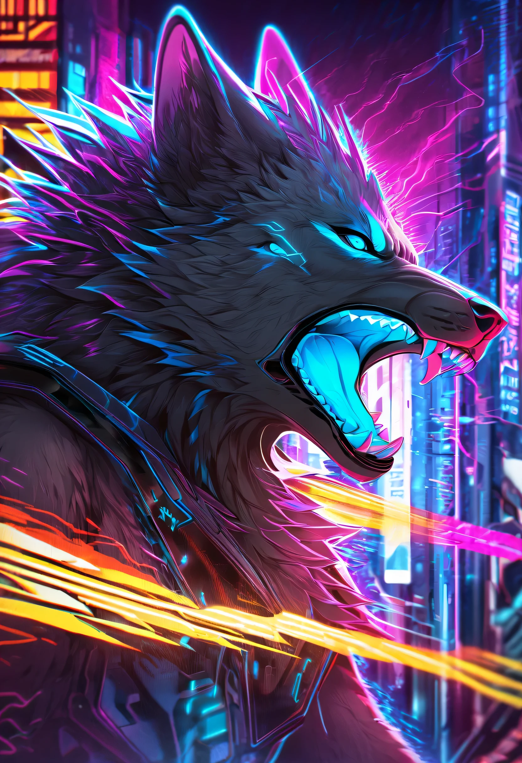 cyberpunk wolf head, roaring, glowing blue eyes, futuristic digital cityscape, neon lights, high tech background, energy burst, aggressive expression, sharp fur details, sci-fi aesthetic