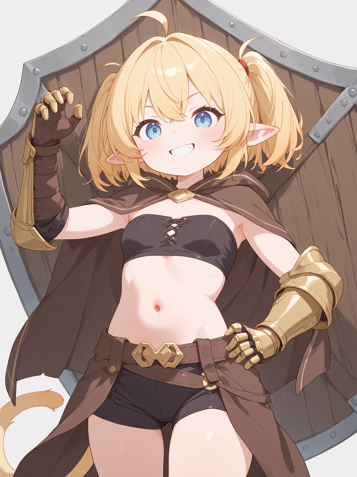 Cute with short blond hair, cat ears and tail that match her hair color, orange eyes, wearing a red scarf, dressed like a brownish bandit, brown leather gloves on her hands, two daggers in her hands, ready for battle, she is , the picture should be a Japanese anime, and the picture should be close to the reference image, small breasts