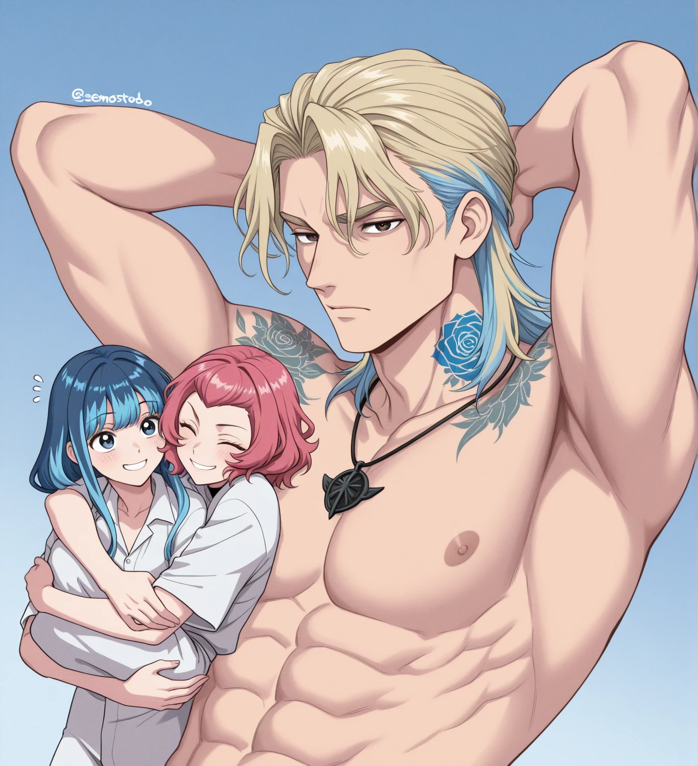 super fine illustrations,1 boy,A little boy 150 cm tall，blue  hair,Green eyes,White skin,Heart to eye,Ponytail hairstyle，perspired,Shirtless,Lewd expression,Sexy,Gay,pleasant sensation,vehement,Femininity，（Wear only briefs），There is a milky white liquid on the body，There are pronounced male genitalia，Homosexuality，The erection，Be red in the face，big breasts exposed cleavage，Drooling over male genital details，drenched all over the body，Precise legs，（Conspicuous male genitalia），Animate,Full body like，
