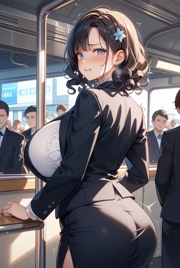 ((1woman/maid outfit black/tight on body/huge breasts, showing off to several men within a metre the men are sitting in the subway train chairs, she has short straight hair, wears a white sock up to the height of the coats with corset, is holding the subway bar showing off)), Unreal Engine 5, masterpiece, anime style,Max resolution/quality/sharpness/.