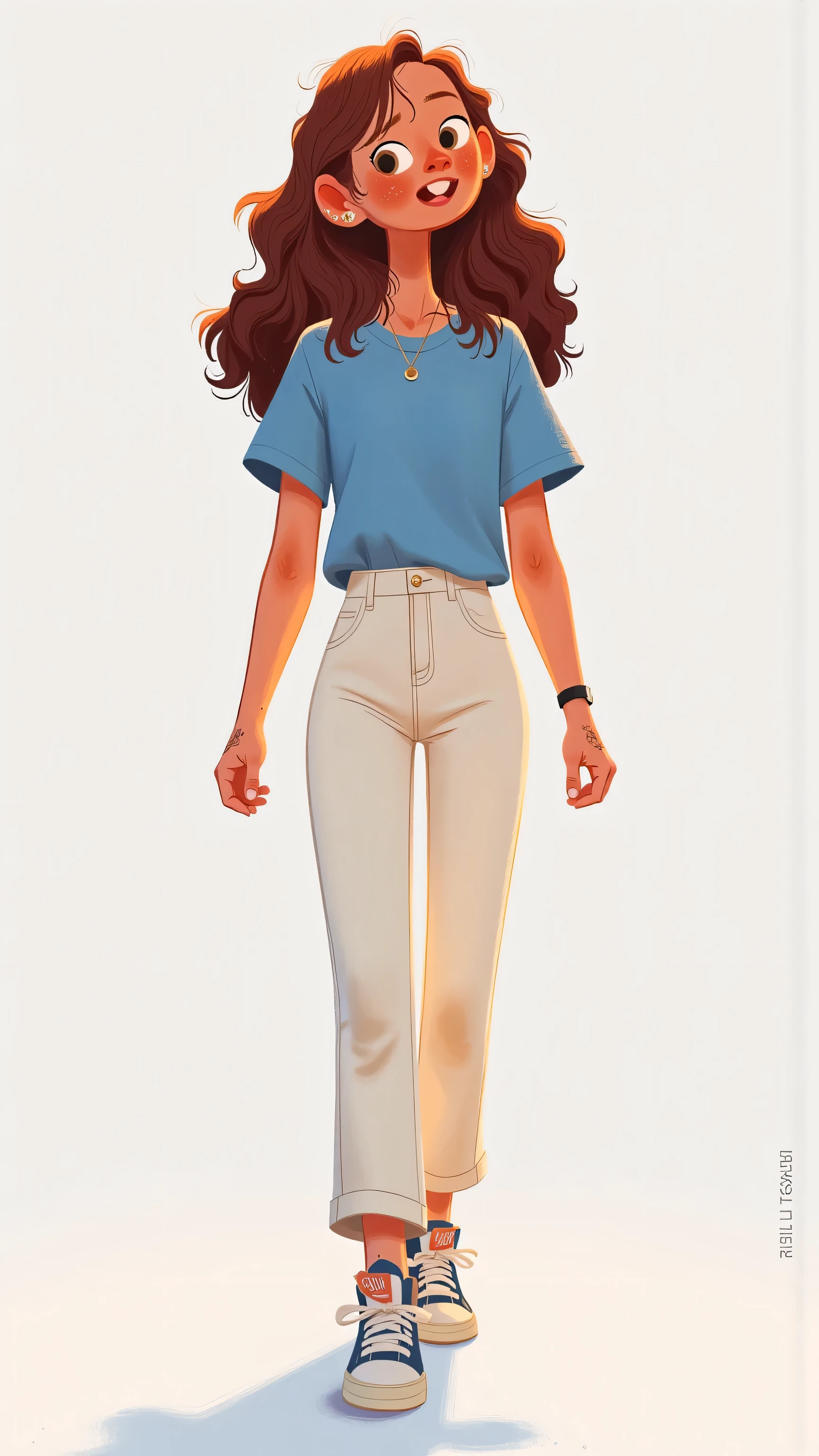 “Space of Consciousness”：Female protagonist（long brown hair， blue t-shirt，White trousers， colorful sneakers ）walking in an infinite white background，The silhouette-like figure contrasts sharply with the pure white background。echoing around the negative statements she had heard。—Minimalist、high comparison、animated illustration、empowering theme。
