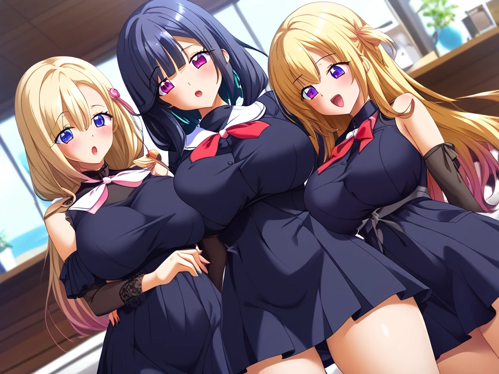 (muste piece, best quality), ultra high resolution, (Top quality photorealistic illustrations), (super definition), (Illustration cute:1.3), (high color saturation:1.2), detailed beautiful face and eyes, dynamic lighting, (very delicate and beautiful), nice hands, perfect hands, (Appropriate posture), (Proper configuration), Ideal ratio body proportions,Black leather loafers、cleavage、Normal position,Intense SEX,
((3 girls)),
pretty girl, 25 years old, large breasts, (cumming, acme), full face cheek,(wearing a shiny gothic dress。:1.2), (topless:1.2), bare chest, Slave collar with harness、Black lace panties,NSFW,shiny long lace boots、long lace gloves、Yankee sitting、soft bed、Blowjob preparation、blowjob face、blush、m字spread legs、Licking、(Soap all over my clothes,bound,spread legs:1,9)、tongue tied、body washed with a brush