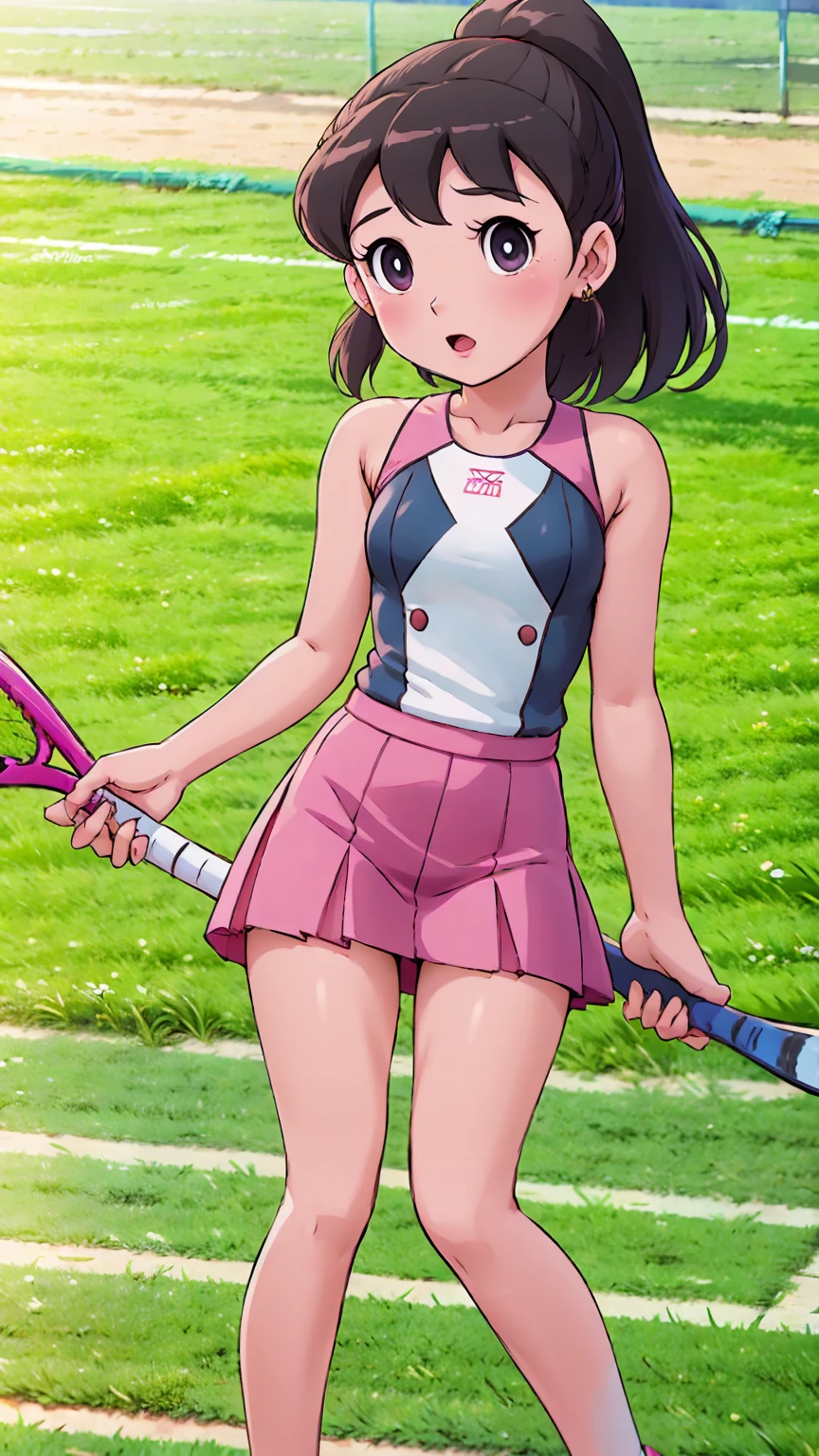 1girl, solo, white polo shirt, white sneakers, tennis wear, white miniskirt, masterpiece, best quality, realistic, hyper-detailed, (shiny skin, sweaty:1.4), absurd, looking at viewer, short black hair, brown eyes, slender, dynamic lighting, high resolution, sharp focus, depth of field, detailed eyes, sharp pupils, realistic pupils, (small breasts:1.6), (thick thighs:1.0), outdoor, sky