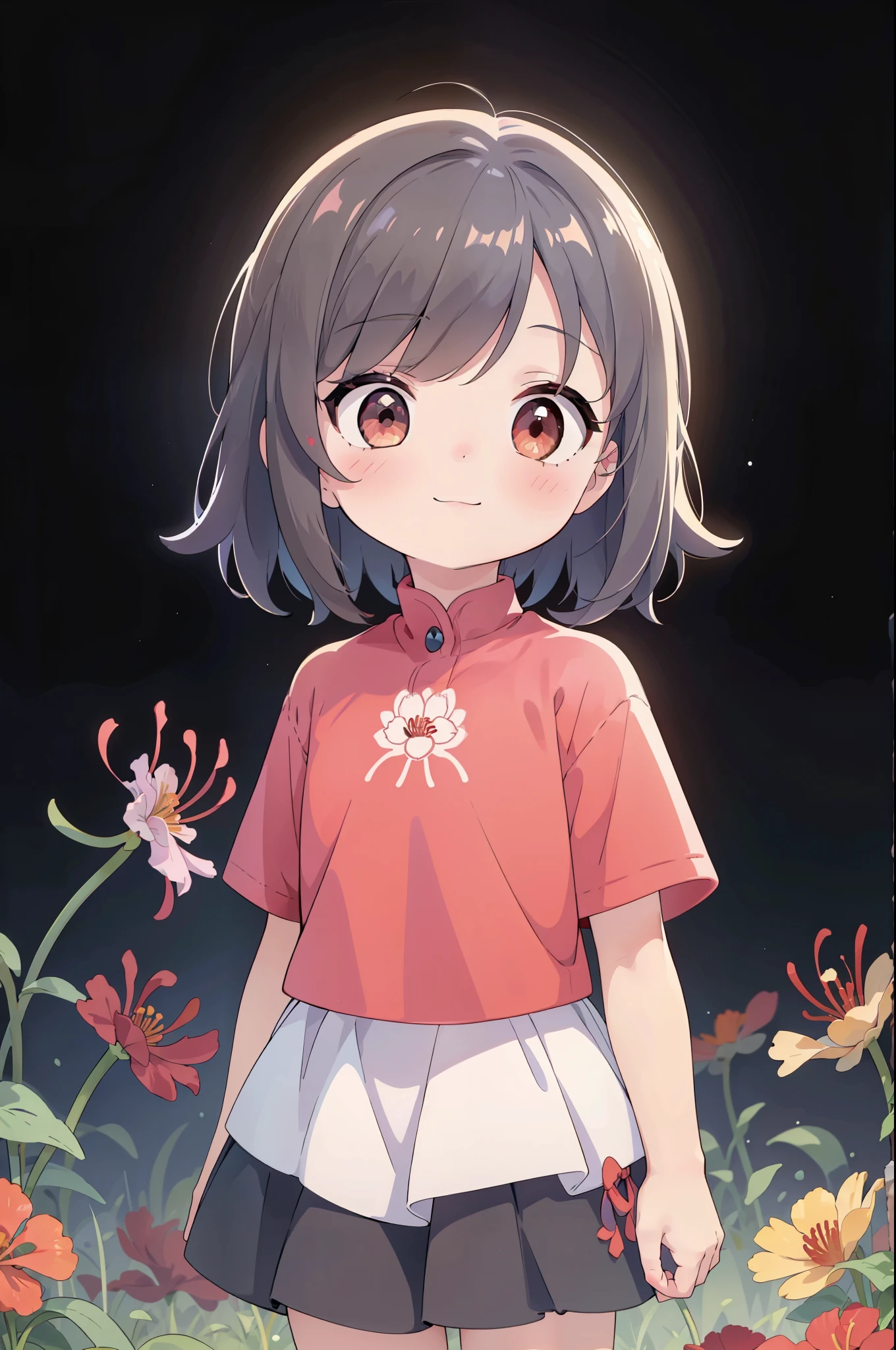 (high-quality, breathtaking),(expressive eyes, perfect face) portrait, 1girl, Symmetrical Eyes, short height, adolescent age, black hair, red eyes, black and red trim shirt, blue skirt, knee high socks, small boots, medium full shot, cowboy shot, red spider lilies, medium hair, stylized hairstyle, cute smile, , anime chibi, cute modern clothing, black background, moon background, green field, field of red flowers