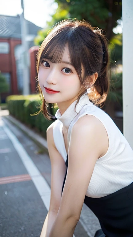 One Girl, (beautiful girl, Delicate girl:1.3), (14 years old:1.3), break, Exceptional clarity, (Symmetrical eyes:1.3), break, (Street Snap:1.3), perfectly trimmed fingers, break, Large Breasts, Brown eyes, Parted bangs, Brown Hair, break, (Eye and facial details:1.0), break, (masterpiece, Highest quality, Very detailed, Detailed face, 8k)、Highest quality、Beautiful woman、She is wearing a sleeveless black top and a drawstring skirt.、A shy smile、Solar Illumination、Long Hair、Browsing Caution、ponytail、Adult、Black hair tie、Angle at which the hair tie can be seen、Long Hair